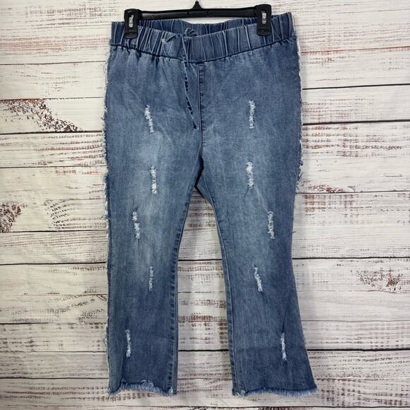 A Rare Bird Handmade Trendy Distressed Blue cropped frayed Capri Flare Jeans - Picture 1 of 7